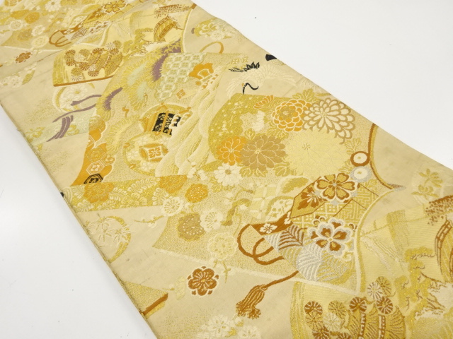 アンティーク　読み本に鼓・貝桶・草花模様織り出し名古屋帯（材料）